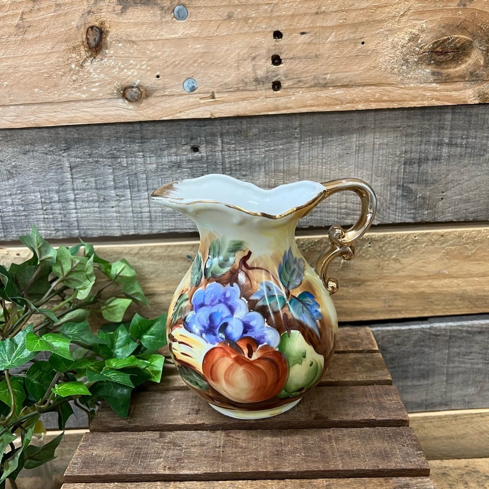 Vintage Hand Painted Porcelain Fruit Pitcher with Gilded Gold Handle